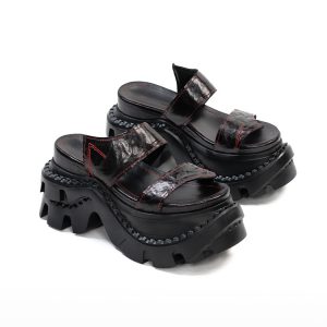 Chunky Platform Slides in Black Leather