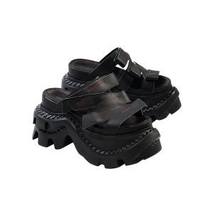 Black Leather Platform Sandals with Multi-Strap Design